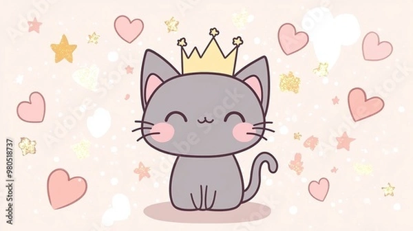 Fototapeta An adorable kitten with a playful smile, wearing a small crown and surrounded by sparkles and hearts in a delightful kawaii style. This charming illustration captures the essence of cuteness and joy, 