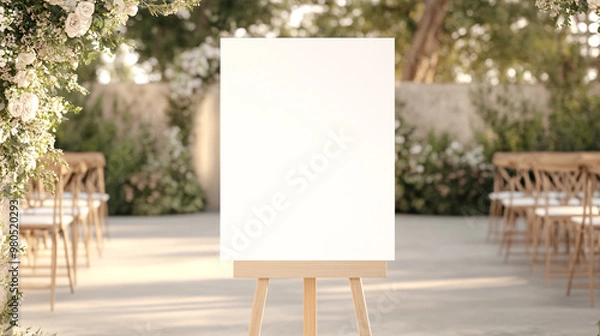 Obraz A blank wedding welcome sign mockup set on a 36 x 24 inch easel, surrounded by a neutral color palette of beige, cream, white, and grey. The outdoor scene is softly lit, with the wedding ceremony
