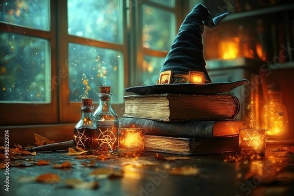 Obraz Magical witch's lair with spell books, potion bottles, and a witch's hat on a wooden table