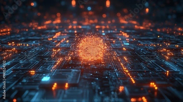 Fototapeta Closeup of quantum computer detailed circuits glowing lights advanced tech futuristic design intricate patterns