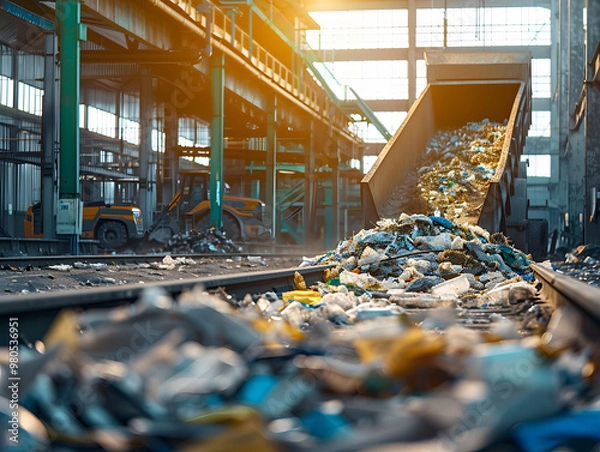 Fototapeta Plant for processing and recycling waste and garbage. Neural network AI generated art