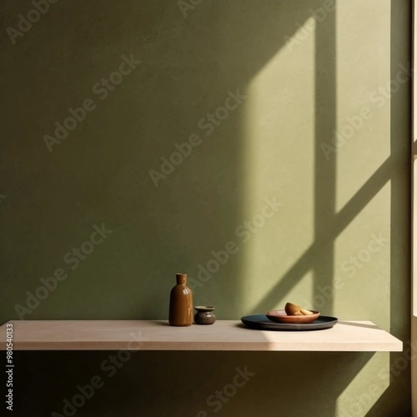 Fototapeta A table with a green tablecloth and a coffee cup in front of a green wall