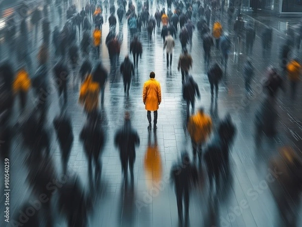Fototapeta Lone individual in a bright yellow coat standing amidst a blurred crowd, symbolizing individuality, isolation, and focus in a busy urban environment