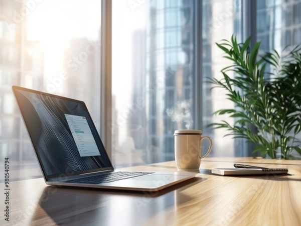Fototapeta Laptop computer with opened lid on table in meeting room of modern home office workspace.
