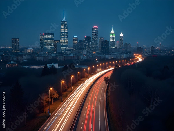 Fototapeta Stunning Nighttime Cityscape of New York Skyline with Illuminated Empire State Building, Architectural Diversity Against Deep Blue Sky, Vibrant Green and White Lights Creating Captivating Visual
