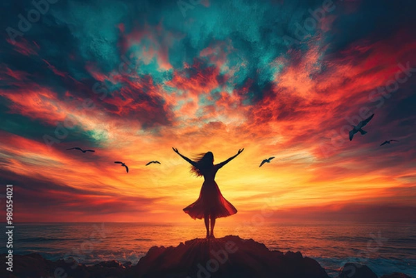 Obraz  A silhouette of an elegant woman standing on top of a cliff, with her arms raised, overlooking the vast sea under a colorful sunset sky. Created with Ai
