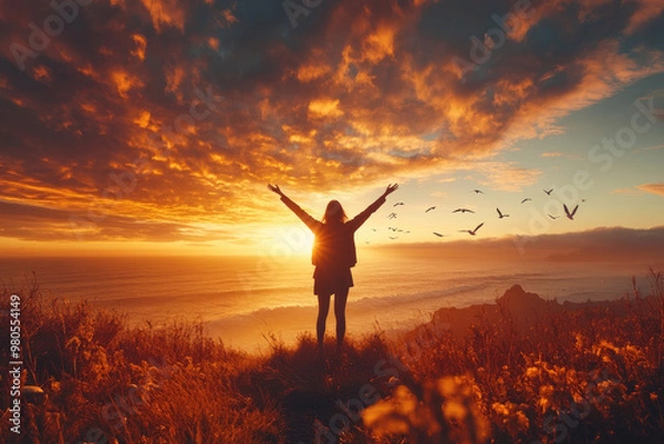 Obraz  A woman with open arms stands in front of the sunrise on a hill, surrounded by wildflowers and overlooking an ocean or coastal area. Created with Ai