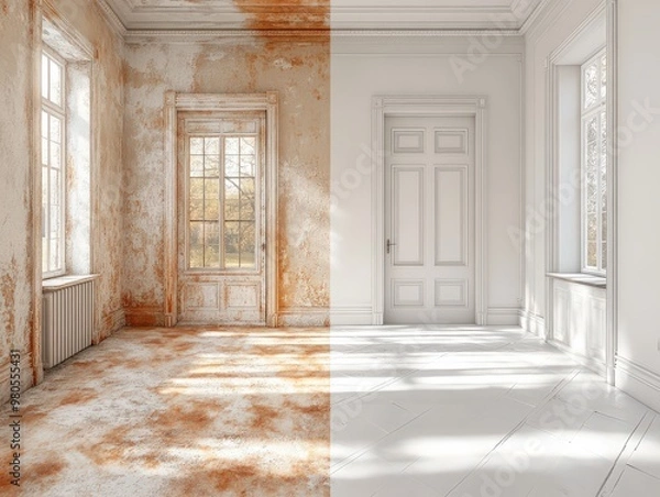 Fototapeta Dramatic Transformation of a Sunlit Room Showing Before and After Renovation with Rustic Aged Wall and Fresh Modern Finish, Capturing Interior Design Evolution in a Bright Space