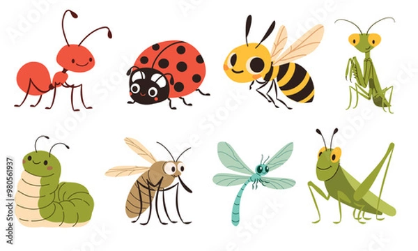 Fototapeta A set of flat vector illustrations in children's style. Cute mosquito caterpillar wasp ladybug mantis dragonfly grasshopper grasshopper ant. Vector illustration
