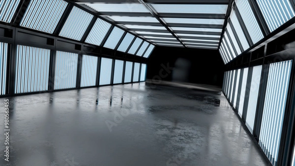 Fototapeta 3D rendering of glowing room concept with empty room background, futuristic light effect.