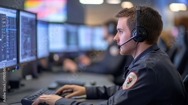 Fototapeta Inside a 911 dispatch center, with operators using advanced technology to coordinate first responders, police, and medical teams.
