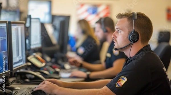 Fototapeta Inside a 911 dispatch center, with operators using advanced technology to coordinate first responders, police, and medical teams.