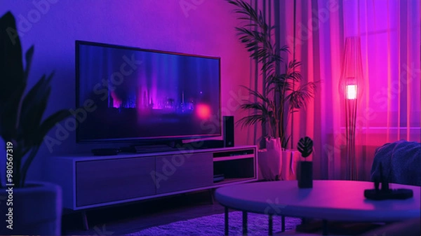 Fototapeta living room with TV and table, violet tone, night, cinematic lighting