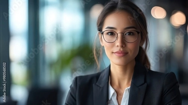 Fototapeta Dynamic Asian female executive in stylish suit, engaged in video conference with professional backdrop and focused expression.