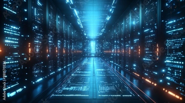 Fototapeta IT Technology rushing between architecture, flows and line behind the buildings