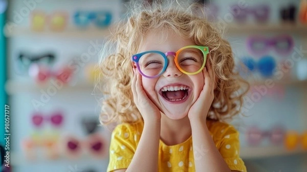 Obraz Joyful Child Trying on Colorful Eyeglasses at Optometry Office Amid Cheerful Decor