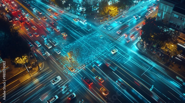Fototapeta AI-powered smart city traffic system optimizing vehicle flow, featuring real-time data analysis and automated control. The advanced technology enhances urban mobility, reducing congestion and improvin