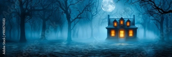 Fototapeta A cozy house in a misty, eerie forest under a full moon, evoking a mysterious and haunting atmosphere. Halloween background.