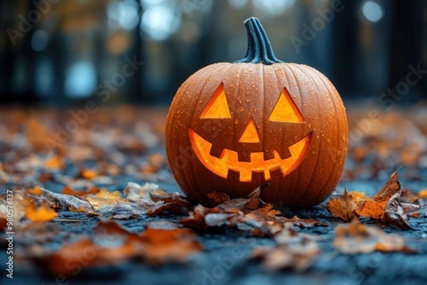 Obraz Autumn postcard design. pumpkins, leaves. Free copy space