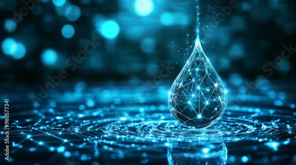 Obraz A digital background with a water drop. The image uses abstract lines that look like circuits. It's a vector illustration, meaning it can be resized without losing quality.
