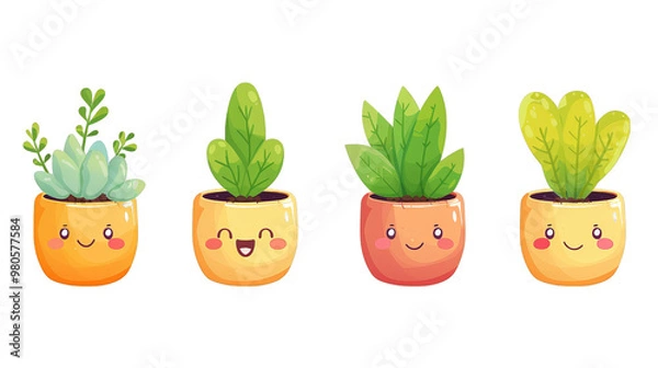 Fototapeta Four cute potted plants with happy faces. The plants are drawn in a cartoon style and have different types of leaves.