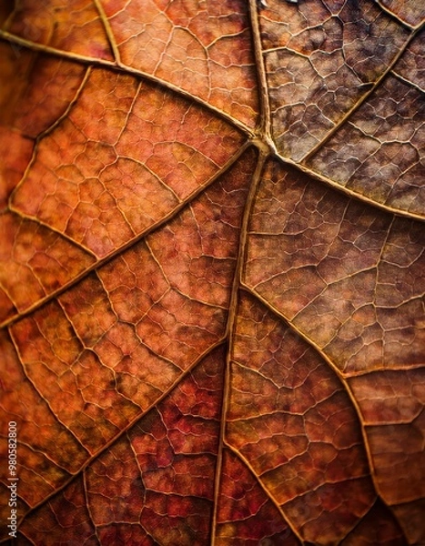 Fototapeta Macro close up of leaf texture with red and green veins.