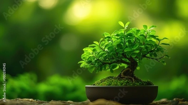 Fototapeta A vibrant bonsai tree sits in a pot, showcasing lush green leaves and intricate branches, symbolizing nature and tranquility.