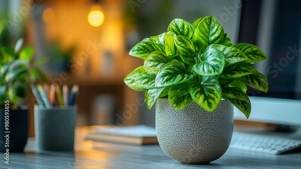 Fototapeta Lush green plant sits in a stylish pot on a modern home office desk, adding a touch of nature