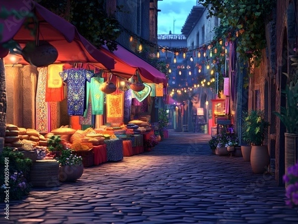 Fototapeta A vibrant street market at dusk, adorned with colorful lights and rich textiles, inviting visitors to explore its charm.