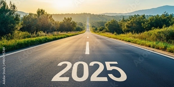 Fototapeta empty highway asphalt road with 2025 year concept of prosperity and Business annual plan for achieving goals project in the new year
