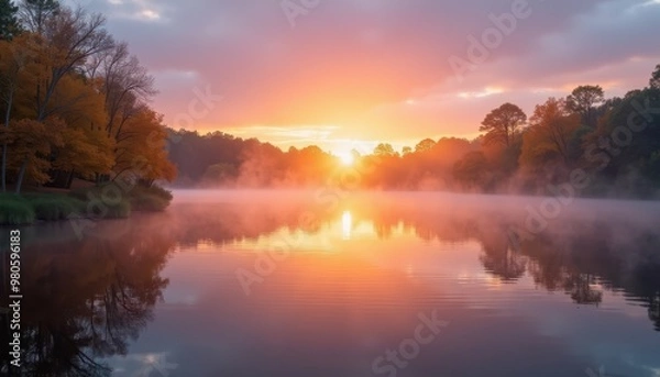 Fototapeta Beautiful Fall Sunrise Over a Tranquil Lake with Mist Rising from the Water and Trees Reflected in the Calm Surface