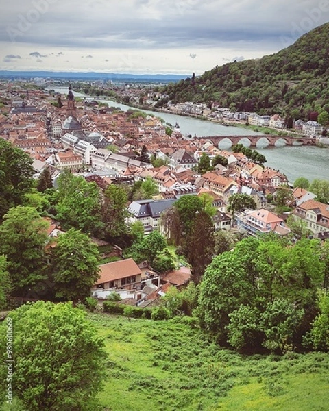 Fototapeta An aerial view from above of Heidelberg city in Germany featuring the Neckar River, historic rooftops, and the Karl Theodor Bridge commonly known as the Old Bridge (Alte Brücke).