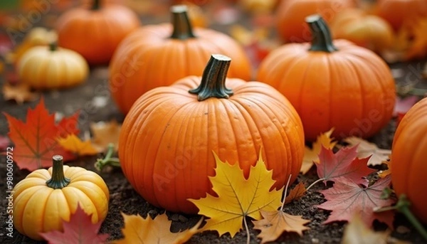 Fototapeta Close-up of a pumpkin patch with a variety of pumpkins and gourds surrounded by colorful autumn leaves