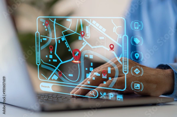 Obraz Technology smart navigation and location tracking with professional hand interacting with futuristic GPS map interface locations of services, delivery, travel app, logistics and transportation