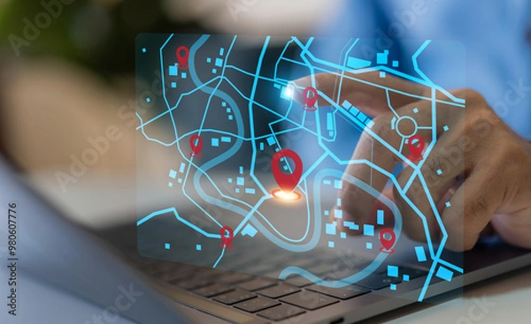 Fototapeta Technology smart navigation and location tracking with professional hand interacting with futuristic GPS map interface locations of services, delivery, travel app, logistics and transportation