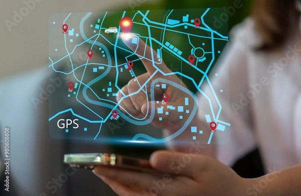 Fototapeta Technology smart navigation and location tracking with professional hand interacting with futuristic GPS map interface locations of services, delivery, travel app, logistics and transportation