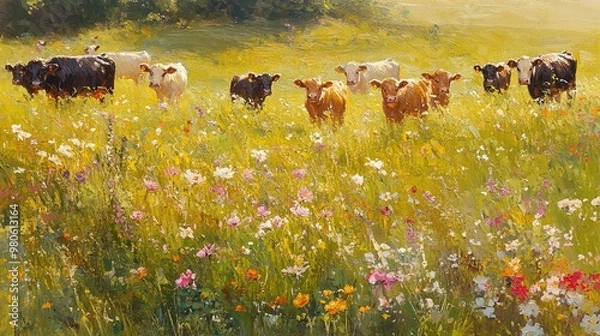 Obraz Serene Pastoral Scene with Cows in a Wildflower Field