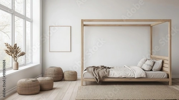 Fototapeta Spacious kids' bedroom with a light wood bed, large windows, and neutral decor, minimalist kids' room, open layout