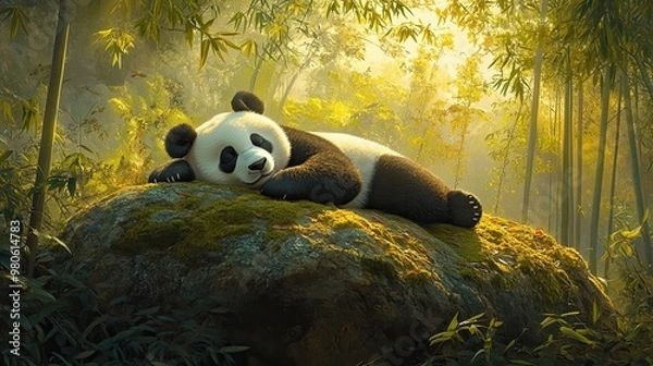 Obraz Tranquil Panda Relaxing in Serene Bamboo Forest
