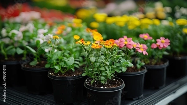 Obraz Close up different variety of flower seedlings in plastic plant pot