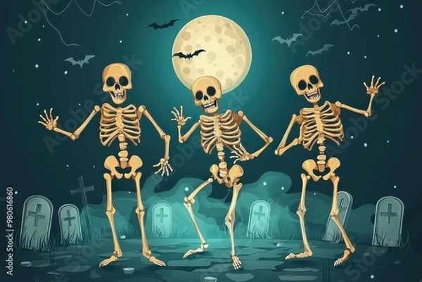 Fototapeta Spooky dancing skeletons in graveyard with full moon and bats