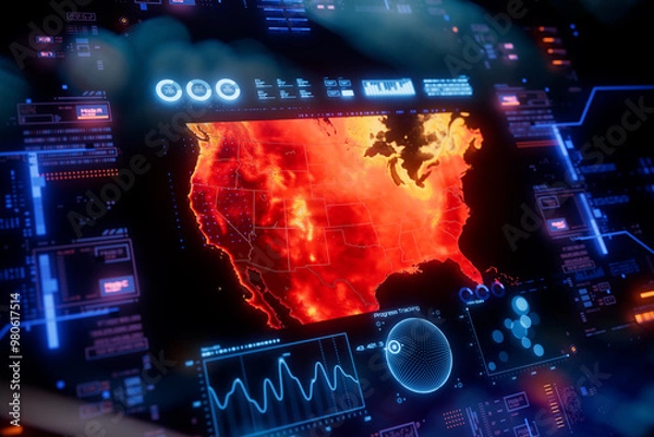 Obraz Extreme heat in U.S. Temperature map on digital lcd display with reflection. Concept of climate change, global warming forest fire and extreme temperature. Elements of this image furnished by NASA