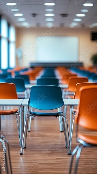 Fototapeta Empty defocused university classroom with chairs and tables 