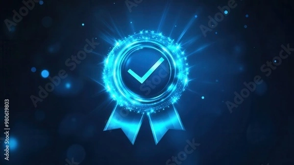Obraz "Blue Award Badge with Checkmark and Sparkles"