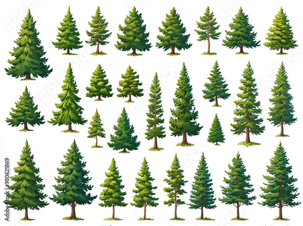 Fototapeta Forest trees Green fir tree forests pine composition and isolated trees cartoon illustration set.