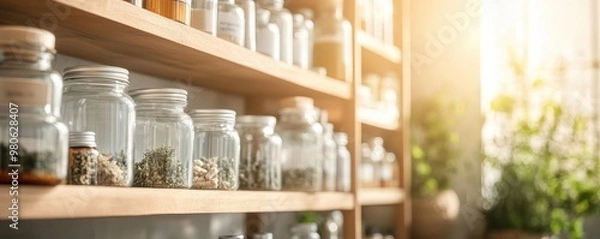 Fototapeta A sunlit shelf filled with jars of dried herbs and spices, creating a cozy and inviting atmosphere for culinary enthusiasts.