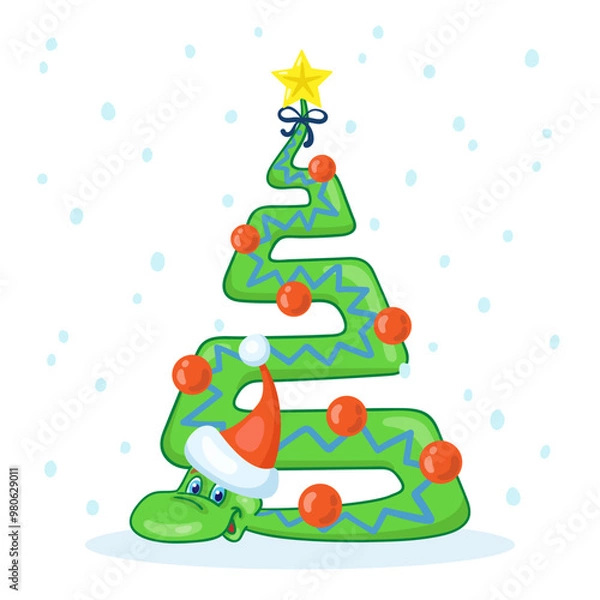 Fototapeta Funny snake in Santa hat - symbol of Chinese New Year in the form of a New Year tree. Greeting cartoon card 2025. Isolated on white background. Vector illustration.
