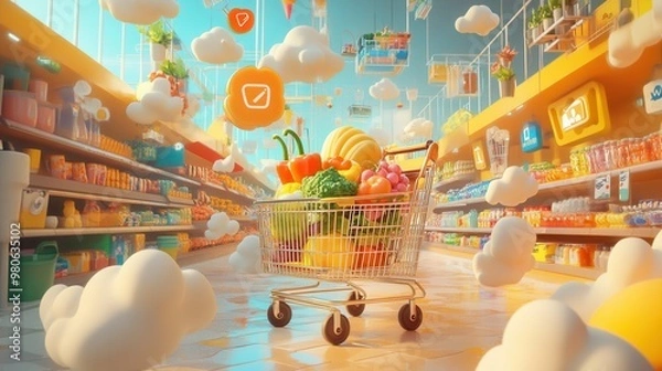 Obraz Colorful Supermarket Aisle with Shopping Cart and Clouds
