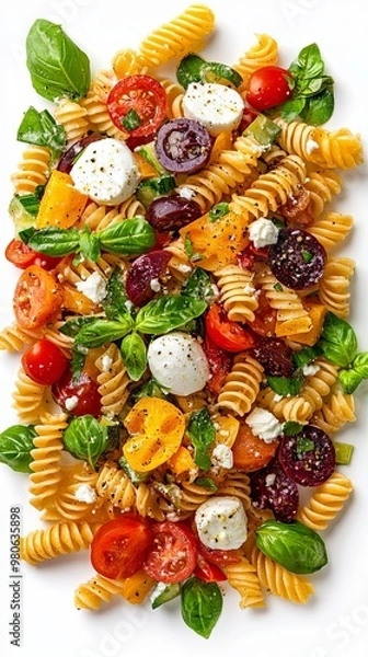 Fototapeta Pasta salad with vegetables and mozzarella cheese isolated on white background