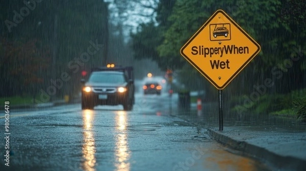 Fototapeta A "Slippery When Wet" sign on a rainy day, with wet pavement and vehicles driving cautiously.